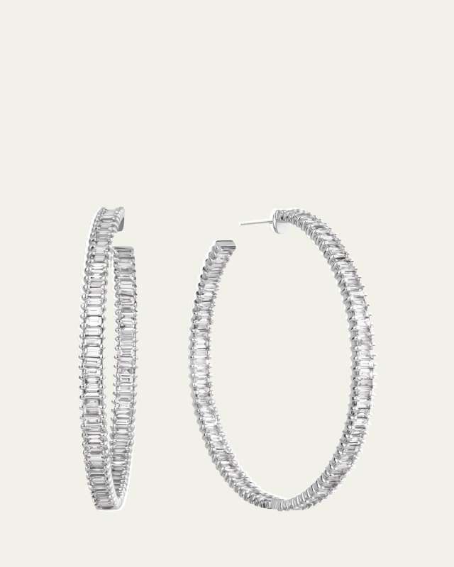 14K White Gold Inside and Outside Diamond Baguette Hoop Earrings, 40mm